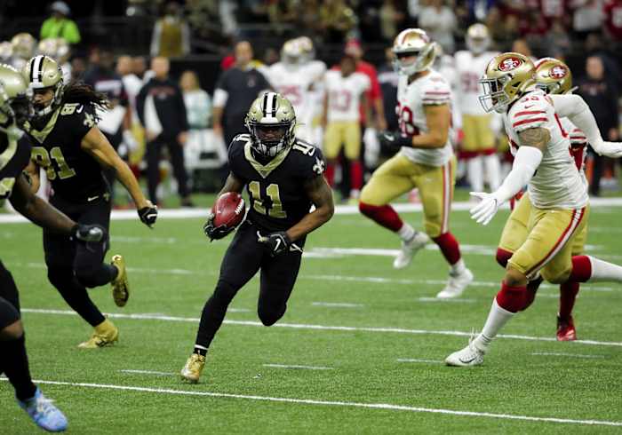 Dec 8, 2019; New Orleans, LA, USA; New Orleans Saints punt returner Deonte Harris (11) carries the ball during the first half against the San Francisco 49ersat the Mercedes-Benz Superdome. Mandatory Credit: Derick E. Hingle-USA TODAY Sports